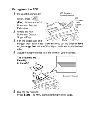 Page 97
SETUP SEND   6 - 2
Faxing from the ADF
1If it is not illuminated in 
green, press   
(
Fax). Pull out the ADF 
Document Support 
Extension.
2Unfold the ADF 
Document Output 
Support Flap.
3Fan the pages well and 
stagger them at an angle. Make sure you put the originals  face 
up, top edge first  in the ADF until you feel them touch the feed 
roller. 
4Adjust the paper guides to fit the width of your originals.
5Dial the fax number.
Press 
Start. The MFC starts scanning the first page.
ADF Document...