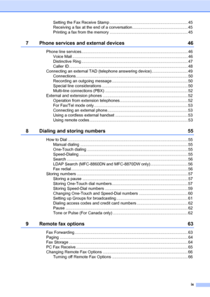 Page 11ix
Setting the Fax Receive Stamp ..................................................................... 45
Receiving a fax at the end of a conversation................................................. 45
Printing a fax from the memory ............ ......................................................... 45
7 Phone services and external devices 46
Phone line services.............................................................................................. 46
Voice Mail...