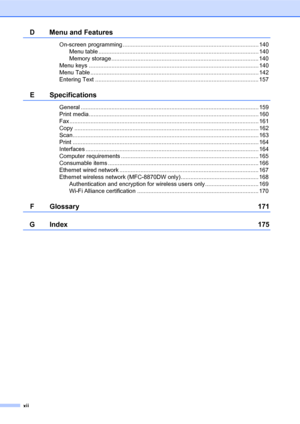 Page 14xii
D Menu and Features
On-screen programming .................................................................................... 140
Menu table ................................................................................................... 140
Memory storage........................................................................................... 140
Menu keys ......................................................................................................... 140
Menu Table...