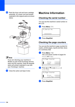 Page 152138
jPack the drum unit and toner cartridge 
assembly, AC power cord and printed 
materials in the original carton as shown 
below.
 
Note
If you are returning your machine to 
Brother as part of the Exchange Service, 
pack only the machine. Keep all separate 
parts and printed materials to use with 
your ‘Exchange’ machine.
 
kClose the carton and tape it shut.
Machine InformationC
Checking the serial numberC
You can see the machine’s serial number on 
the LCD.
aPress Menu, 7, 1. 
71.Serial No....