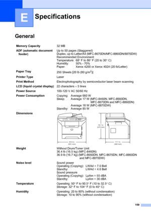 Page 173159
E
General
Specifications
Memory Capacity32 MB 
ADF (automatic document 
feeder)Up to 50 pages (Staggered)
Duplex, up to Letter/A4 (MFC-8670DN/MFC-8860DN/8870DW)
Recommended Environment:
Temperature: 68° F to 86° F (20 to 30° C)
Humidity: 50% - 70%
Paper: Xerox 4200 or Xerox 4024 (20 lb/Letter)
Paper Tray
250 Sheets [20 lb (80 g/m
2)]
Printer TypeLaser
Print MethodElectrophotography by semiconductor laser beam scanning
LCD (liquid crystal display)22 characters × 5 lines 
Power Source100-120 V AC 50/60...