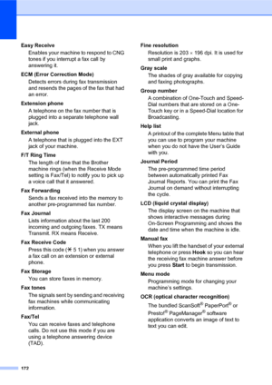 Page 186172
Easy Receive
Enables your machine to respond to CNG 
tones if you interrupt a fax call by 
answering it.
ECM (Error Correction Mode)
Detects errors during fax transmission 
and resends the pages of the fax that had 
an error.
Extension phone
A telephone on the fax number that is 
plugged into a separate telephone wall 
jack.
External phone
A telephone that is plugged into the EXT 
jack of your machine.
F/T Ring Time
The length of time that the Brother 
machine rings (when the Receive Mode 
setting is...