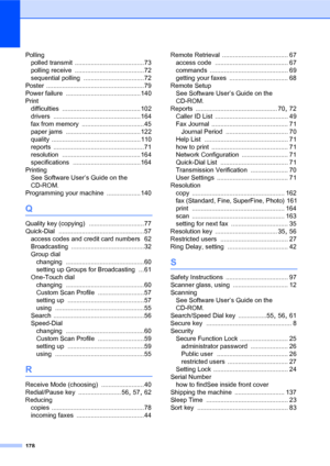 Page 192178
Polling
polled transmit
 .......................................73
polling receive
 .......................................72
sequential polling
 ..................................72
Poster
 .......................................................79
Power failure
 .......................................... 140
Print
difficulties
 ............................................ 102
drivers
 ................................................. 164
fax from memory
 ...................................45
paper...