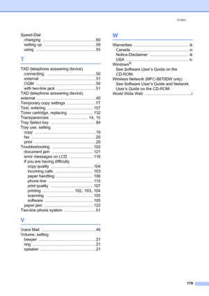 Page 193Index
179
Speed-Dial
changing
 ............................................... 60
setting up
 .............................................. 59
using
 ..................................................... 55
T
TAD (telephone answering device)
connecting;
 ........................................... 50
external
 ................................................. 51
OGM
 ..................................................... 50
with two-line jack
 ................................... 51
TAD (telephone...