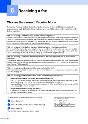 Page 5440
6
Choose the correct Receive Mode6
The correct Receive mode is determined by the external devices and telephone subscriber 
services (Voice Mail, Distinctive Ring, etc.) you have (or will be using) on the same line as the 
Brother machine.
Receiving a fax6
Will you be using a Distinctive Ring number for receiving faxes? 
Brother uses the term Distinctive Ring but other telephone companies have other names for this service 
“such as Custom Ringing, RingMaster, Personalized Ring, Teen Ring,...