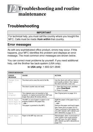 Page 162
12 - 1   TROUBLESHOOTING AND ROUTINE MAINTENANCE
12
 
Troubleshooting 
Error messages
As with any sophisticated office product, errors may occur. If this 
happens, your MFC identifies the problem and displays an error 
message. The most common error messages are shown below.
You can correct most problems by yourself. If you need additional 
help, call the Brother fax back system (USA only).
In USA only: 1-800-521-2846
Troubleshooting and routine 
maintenance
IMPORTANT
For technical help, you must call...