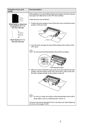 Page 180
12 - 19   TROUBLESHOOTING AND ROUTINE MAINTENANCE
White Spots on black text 
and graphics at 3.7 in.
(94 mm) intervals
Black Spots at 3.7 in.  (94 mm) intervals If the problem is not solved after printing a few pages, the drum unit may 
have glue from label stock on the OPC drum surface.
Clean the drum unit as follows:
1 Position the print sample in front of the drum unit, and find the exact 
position of the poor print.
2 Turn the drum unit gear by hand while looking at the surface of the  OPC drum.
Do...