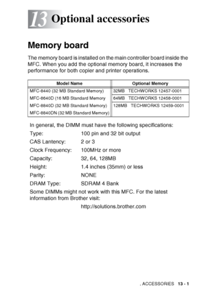 Page 199
OPTIONAL ACCESSORIES   13 - 1
13
 
Memory board
The memory board is installed on the main controller board inside the 
MFC. When you add the optional memory board, it increases the 
performance for both copier and printer operations.
Optional accessories
Model Name Optional Memory
MFC-8440 (32 MB Standard Memory) 32MB   TECHWORKS 12457-0001
MFC-8640D (16 MB Standard Memory 64MB   TECHWORKS 12458-0001
MFC-8840D (32 MB Standard Memory) 128MB   TECHWORKS 12459-0001
MFC-8840DN (32 MB Standard Memory)
In...