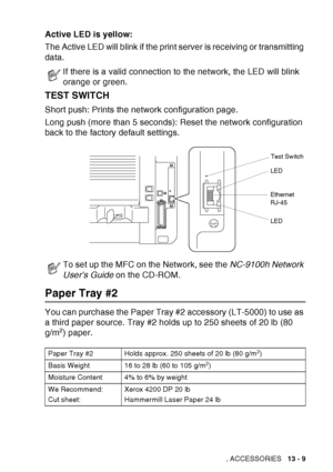 Page 207
OPTIONAL ACCESSORIES   13 - 9
Active LED is yellow:
The Active LED will blink if the print server is receiving or transmitting 
data.
TEST SWITCH
Short push: Prints the network configuration page.
Long push (more than 5 seconds): Reset the network configuration 
back to the factory default settings.
 
Paper Tray #2
You can purchase the Paper Tray #2 accessory (LT-5000) to use as 
a third paper source. Tray #2 holds up to 250 sheets of 20 lb (80 
g/m
2) paper.
If there is a valid connection to the...