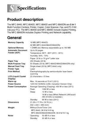 Page 214
S - 1   SPECIFICATIONS
S
Product description
The MFC-8440, MFC-8640D, MFC-8840D and MFC-8840DN are 5 in 1 
Multi-Function Centers: Printer, Copier, Color Scanner, Fax, and PC-FAX 
(via your PC). The MFC-8640D and MFC-8840D include Duplex Printing. 
The MFC-8840DN includes Duplex Printing and Network capability.
General
Specifications
Memory Capacity 16 MB (MFC-8640D)
32 MB (MFC-8440/8840D/8840DN)
Optional Memory 1 DIMM slot; Memory expandable up to 160 MB
Automatic Document 
Feeder (ADF) Up to 50 pages...