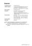 Page 217
SPECIFICATIONS   S - 4
Scanner
Color/Monochrome Color/Monochrome
TWAIN Compliant Yes (Windows
® 98/98SE/Me/2000 Professional 
and Windows NT® Workstation Version 4.0)
Mac OS
® 8.6 - 9.2/Mac OS® X 10.2.1 or greater
WIA Compliant Yes (Windows
® XP)
Resolution Up to 9,600 × 9,600 dpi (interpolated)*
Up to 600  × 2,400 dpi (optical)
* Maximum 1200 x 1200 dpi scanning with Windows® XP 
(resolution up to 9600 x 9600 dpi can be selected by using the 
Brother scanner utility)
Document Size ADF Width: 5.8 to 8.5...