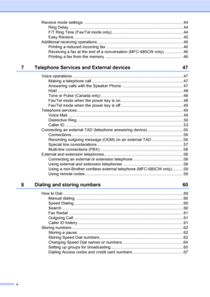 Page 12
x
Receive mode settings ........................................................................................ 44Ring Delay ..................................................................................................... 44
F/T Ring Time (Fax/Tel mode only) ............................................................... 44
Easy Receive .................................................................................................45
Additional receiving operations...