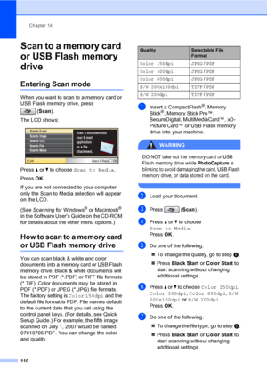 Page 126
Chapter 14
110
Scan to a memory card 
or USB Flash memory 
drive
14
Entering Scan mode14
When you want to scan to a memory card or 
USB Flash memory drive, press  (Scan ).
The LCD shows:
 
Press  a or  b to choose  Scan to Media .
Press  OK.
If you are not connected to your computer 
only the Scan to Media selection will appear 
on the LCD.
(See  Scanning  for Windows
® or Macintosh® 
in the Software User’s Guide on the CD-ROM 
for details about the other menu options.)
How to scan to a memory card 
or...