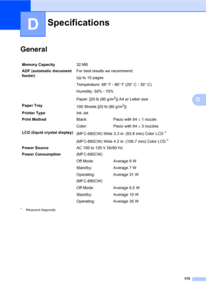 Page 191
175
D
D
GeneralD
1Measured diagonally
SpecificationsD
Memory Capacity32 MB 
ADF (automatic document 
feeder)  For best results we recommend:
Up to 10 pages
Temperature: 68
°F - 86 °F (20 °C - 30 °C)
Humidity: 50% - 70%
Paper: [20 lb (80 g/m
2)] A4 or Letter size
Paper Tray 100 Sheets [20 lb (80 g/m
2)]
Printer Type Ink Jet
Print Method Black:
Color:Piezo with 94 
× 1 nozzle
Piezo with 94  × 3 nozzles
LCD (liquid crystal display) (MFC-685CW) Wide 3.3 in. (83.8 mm) Color LCD
1
(MFC-885CW) Wide 4.2 in....