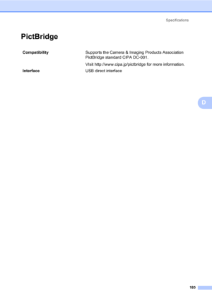 Page 201
Specifications185
D
PictBridgeD
Compatibility  Supports the Camera & Imaging Products Association 
PictBridge standard CIPA DC-001.
VIsit http://www.cipa.jp/pictbridge for more information.
Interface USB direct interface
 