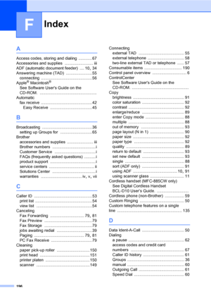 Page 212
Index
196
F
A
Access codes, storing and dialing ............ 67
Accessories and supplies
 ......................... iii
ADF (automatic document feeder)
 .... 10, 34
Answering machine (TAD)
 .......................55
connecting
 .............................................56
Apple® Macintosh®
See Software Users Guide on the 
CD-ROM.
 ..................................................
Automatic fax receive
 .............................................42
Easy Receive...