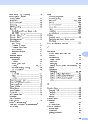Page 215
199
F
Photo Paper Tray (Canada) ..................... 18
PhotoCapture Center®
Adding Effect ...................................... 101
Borderless
 ........................................... 109
CompactFlash® .....................................96
Cropping
 ............................................. 109
DPOF printing
 .....................................105
from PC See Software Users Guide on the 
CD-ROM.
 ...............................................
Memory Stick Pro™...