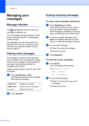 Page 86
Chapter 9
70
Managing your 
messages
9
Message indicator9
The   light flashes if there are any new 
messages waiting for you.
The LCD displays the total number of voice 
and fax messages stored in the Message 
Center memory.
Fax messages are only stored when Fax 
Storage or Fax Preview is turned on. See 
Advanced fax operations (Black & White 
only)  on page 73.
Playing voice messages9
All messages are played in the order they 
were recorded. The LCD shows the number 
of the current message, the total...