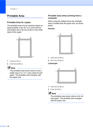 Page 26Chapter 2
16
Printable Area2
Printable Area for copies2
The printable area of your machine begins at 
approximately 3 mm (0.12 in.) from the top 
and bottom and 2.05 mm (0.08 in.) from both 
sides of the paper.
 
13mm (0.12in.)
22.05 mm (0.08 in.)
Note
This printable area shown above is for a 
single copy or a 1 in 1 copy using A4 size 
paper. The printable area changes with 
the paper size.
 
Printable Area when printing from a 
computer
2
When using the default driver the printable 
area is smaller...