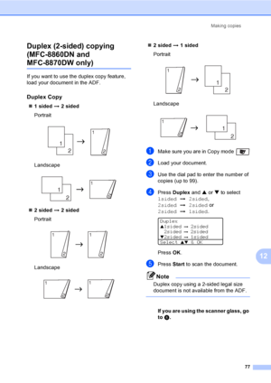 Page 87Making copies
77
12 Duplex (2-sided) copying 
(MFC-8860DN and 
MFC-8870DW only)12
If you want to use the duplex copy feature, 
load your document in the ADF.
Duplex Copy12
„1 sided i 2 sided
Portrait
 
Landscape
 
„2 sided i 2 sided
Portrait
 
Landscape
 
„2 sided i 1 sided
Portrait
 
Landscape
 
aMake sure you are in Copy mode 
bLoad your document.
cUse the dial pad to enter the number of 
copies (up to 99).
dPress Duplex and a or b to select 
1sidedi2sided,  
2sidedi2sided or  
2sidedi1sided.
 
Duplex...