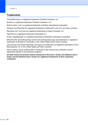 Page 102Chapter A
92
TrademarksA
The Brother logo is a registered trademark of Brother Industries, Ltd.
Brother is a registered trademark of Brother Industries, Ltd.
Multi-Function Link is a registered trademark of Brother International Corporation.
Windows and Microsoft are registered trademarks of Microsoft in the U.S. and other countries.
Macintosh and TrueType are registered trademarks of Apple Computer, Inc.
PaperPort is a registered trademark of ScanSoft, Inc.
Presto! PageManager is a registered trademark...