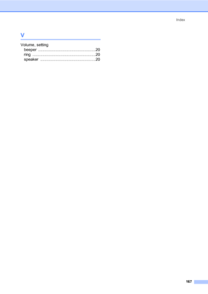 Page 177
Index167
V
Volume, settingbeeper
 ...................................................20
ring
 ........................................................20
speaker
 ................................................. 20
 