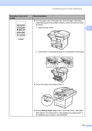 Page 132Troubleshooting and routine maintenance
121
C
 
Curled„Turn the paper over in the paper tray, and print again. (Excluding 
Letterhead paper) If the problem remains, switch the Anti-Curl Lever 
as follows:
1 Open the back cover.
 
2 Lift the lever (1) and slide the lever (2) in the direction of the arrow.
 
„Lift up the Output Tray Support Flap (1).
 
„Choose Reduce Paper Curl mode in the printer driver. (See Other 
Print Options (For Windows®) or Print Settings (For Macintosh®) in 
the Software Users...
