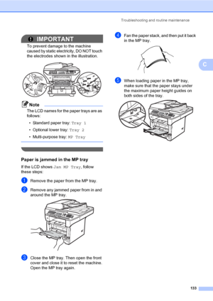 Page 144Troubleshooting and routine maintenance
133
C
IMPORTANT
To prevent damage to the machine 
caused by static electricity, DO NOT touch 
the electrodes shown in the illustration.
 
Note
The LCD names for the paper trays are as 
follows:
• Standard paper tray: Tray 1
• Optional lower tray: Tray 2
• Multi-purpose tray: MP Tray
 
 
Paper is jammed in the MP trayC
If the LCD shows Jam MP Tray, follow 
these steps:
aRemove the paper from the MP tray.
bRemove any jammed paper from in and 
around the MP tray....