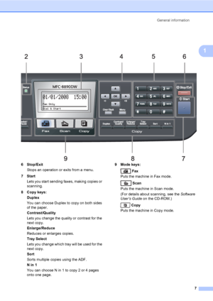 Page 18General information
7
1
 
6Stop/Exit
Stops an operation or exits from a menu.
7Start
Lets you start sending faxes, making copies or 
scanning.
8 Copy keys:
Duplex
You can choose Duplex to copy on both sides 
of the paper.
Contrast/Quality
Lets you change the quality or contrast for the 
next copy.
Enlarge/Reduce
Reduces or enlarges copies.
Tray Select
Lets you change which tray will be used for the 
next copy.
Sort
Sorts multiple copies using the ADF.
Nin1
You can choose N in 1 to copy 2 or 4 pages 
onto...