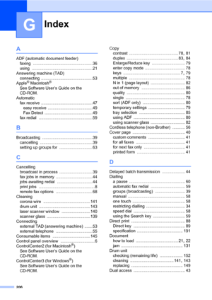 Page 217Index
206
G
A
ADF (automatic document feeder)
faxing
 ....................................................36
using
 .....................................................21
Answering machine (TAD)
connecting
 .............................................53
Apple® Macintosh®
See Software User’s Guide on the 
CD-ROM.
Automatic
fax receive
 .............................................47
easy receive
 .......................................49
Fax Detect
 ..........................................49
fax...