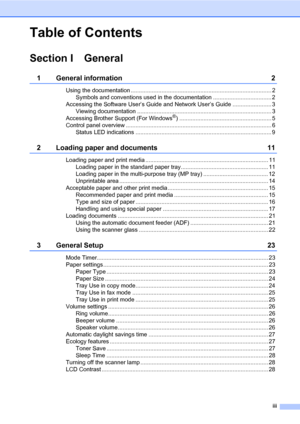 Page 5iii
Table of Contents
Section I General
1 General information 2
Using the documentation ....................................................................................... 2
Symbols and conventions used in the documentation .................................... 2
Accessing the Software User’s Guide and Network User’s Guide ........................ 3
Viewing documentation ................................................................................... 3
Accessing Brother Support (For Windows
®)...