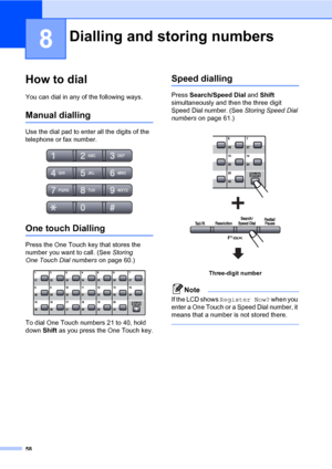 Page 6958
8
How to dial8
You can dial in any of the following ways.
Manual dialling8
Use the dial pad to enter all the digits of the 
telephone or fax number.
 
One touch Dialling8
Press the One Touch key that stores the 
number you want to call. (See Storing 
One Touch Dial numbers on page 60.)
 
To dial One Touch numbers 21 to 40, hold 
down Shift as you press the One Touch key.
Speed dialling8
Press Search/Speed Dial and Shift 
simultaneously and then the three digit 
Speed Dial number. (See Storing Speed...