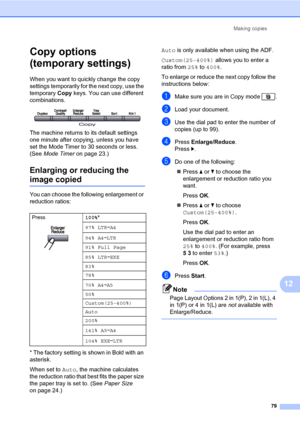 Page 90Making copies
79
12
Copy options 
(temporary settings)
12
When you want to quickly change the copy 
settings temporarily for the next copy, use the 
temporary Copy keys. You can use different 
combinations.
 
The machine returns to its default settings 
one minute after copying, unless you have 
set the Mode Timer to 30 seconds or less. 
(See Mode Timer on page 23.)
Enlarging or reducing the 
image copied12
You can choose the following enlargement or 
reduction ratios:
* The factory setting is shown in...