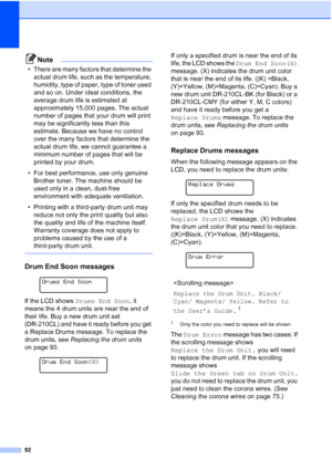 Page 10492
Note
• There are many factors that determine the 
actual drum life, such as the temperature, 
humidity, type of paper, type of toner used 
and so on. Under ideal conditions, the 
average drum life is estimated at 
approximately 15,000 pages. The actual 
number of pages that your drum will print 
may be significantly less than this 
estimate. Because we have no control 
over the many factors that determine the 
actual drum life, we cannot guarantee a 
minimum number of pages that will be 
printed by...