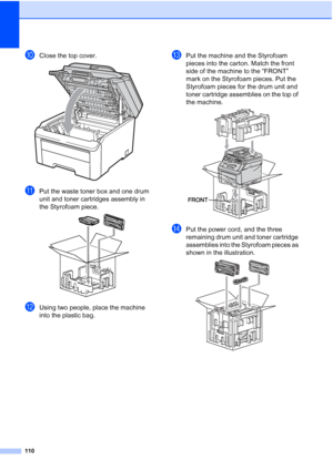 Page 122110
jClose the top cover. 
kPut the waste toner box and one drum 
unit and toner cartridges assembly in 
the Styrofoam piece.
 
lUsing two people, place the machine 
into the plastic bag.
mPut the machine and the Styrofoam 
pieces into the carton. Match the front 
side of the machine to the “FRONT” 
mark on the Styrofoam pieces. Put the 
Styrofoam pieces for the drum unit and 
toner cartridge assemblies on the top of 
the machine.
 
nPut the power cord, and the three 
remaining drum unit and toner...