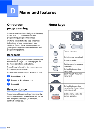 Page 124112
D
On-screen 
programming
D
Your machine has been designed to be easy 
to use. The LCD provides on-screen 
programming using the menu keys.
We have created step by step on-screen 
instructions to help you program your 
machine. Simply follow the steps as they 
guide you through the menu selections and 
programming options.
Menu tableD
You can program your machine by using the 
Menu table on page 114. These pages list 
the menu selections and options.
Press Menu followed by the menu numbers 
to program...