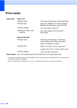 Page 134122
Print mediaE
1For labels, we recommend removing printed pages from the output paper tray immediately after they exit the machine 
to avoid the possibility of smudging.
2When using paper that is smaller than 4.1×5.8 in. (or A6 size) open the back cover (back output tray).
Paper Input  Paper Tray
„Paper Type: Thin Paper, Plain Paper or Recycled Paper
„Paper Size: Letter, A4, B5(ISO), A5, A5 (Long Edge), 
B6(ISO), A6, Executive, Legal and Folio
„Paper Weight:
16 to 28 lb (60 to 105 g/m
2)
„Maximum Paper...