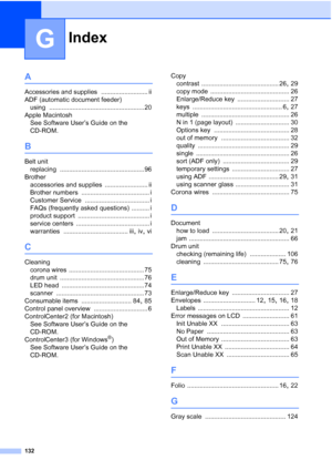 Page 144Index
132
G
A
Accessories and supplies .......................... ii
ADF (automatic document feeder)
using
 ..................................................... 20
Apple Macintosh
See Software User’s Guide on the 
CD-ROM.
B
Belt unit
replacing
 ............................................... 96
Brother
accessories and supplies
 ........................ ii
Brother numbers
 ...................................... i
Customer Service
 .................................... i
FAQs (frequently asked questions)...