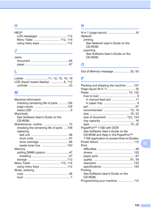 Page 145133
G
H
HELP
LCD messages
 ................................... 112
Menu Table
 ................................ 112, 114
using menu keys
 ................................. 112
J
Jams
document
 .............................................. 66
paper
 ..................................................... 67
L
Labels ............................ 11, 12, 15, 16, 19
LCD (liquid crystal display)
 ............... 6, 112
contrast
 ................................................. 23
M
Machine information...