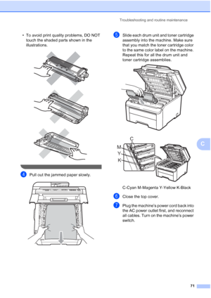 Page 83Troubleshooting and routine maintenance
71
C
• To avoid print quality problems, DO NOT 
touch the shaded parts shown in the 
illustrations.
 
 
 
 
dPull out the jammed paper slowly. 
eSlide each drum unit and toner cartridge 
assembly into the machine. Make sure 
that you match the toner cartridge color 
to the same color label on the machine. 
Repeat this for all the drum unit and 
toner cartridge assemblies. 
 
 
C-Cyan M-Magenta Y-Yellow K-Black
fClose the top cover.
gPlug the machine’s power cord...