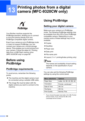 Page 106
94
13
 
Your Brother machine supports the 
PictBridge standard, allowing you to connect 
to and print photos directly from any 
PictBridge compatible digital camera.
Even if your camera is not in PictBridge mode 
or does not support PictBridge, you can 
connect your camera as a normal storage 
device. This enables you to print photos from 
your camera. Follow the steps for “Printing 
data from a USB Flash memory drive 
(MFC-9320CW only)  on page 99”.
Before using 
PictBridge
13
PictBridge...