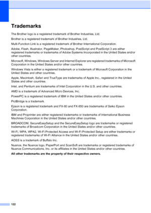 Page 134
122
TrademarksA
The Brother logo is a registered trademark of Brother Industries, Ltd.
Brother is a registered trademark of Brother Industries, Ltd.
Multi-Function Link is a registered trademark of Brother International Corporation.
Adobe, Flash, Illustrator, PageMaker, Photoshop, PostScript and PostScript 3 are either 
registered trademarks or trademarks of Adobe Systems Incorporated in the United States and/or 
other countries.
Microsoft, Windows, Windows Server and Internet Explorer are registered...
