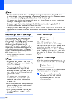 Page 180
168
Note
• Discard used consumable items according to local regulations, keeping it separate from domestic waste. If you have questions, call your local waste disposal office. Be sure to reseal 
the consumable items tightly so that the material inside does not spill.
• We recommend placing used consumable items on a piece of paper to prevent accidentally  spilling or scattering the material inside.
• If you use paper that is not a direct equivalent for the recommended paper, the life of  consumable...
