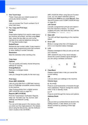 Page 20
Chapter 1
8
1 One Touch keys These 4 keys give you instant access to 8 
previously stored numbers.
Shift
Lets you access One Touch numbers 5 to 8 
when held down.
2 Fax, Copy and Print keys Fax keys :
Hook
Press before dialing if you want to make sure a 
fax machine will answer, and then press  Start. 
Also, press this key after you pick up the 
handset of an external telephone during the 
F/T ring (fast double-rings).
Redial/Pause
Redials the last number called. It also inserts a 
pause when...