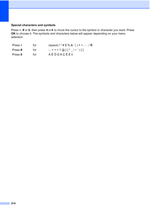 Page 226
214
Special characters and symbols
Press l, # or  0, then press  d or  c to move the cursor to the symbol or character you want. Press 
OK  to choose it. The symbols and characters below will appear depending on your menu 
selection.
Press  l for (space) !  # $ % & ’ ( )  l + , - . /  m
Press  # for : ; < = > ? @ [ ] ^ _ \ ~ ` | { } 
Press  0 for Ä Ë Ö Ü À Ç È É 0 
 