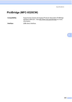 Page 235
Specifications223
E
PictBridge (MFC-9320CW)E
Compatibility Supports the Camera & Imaging Products Association PictBridge 
standard CIPA-001. Visit http://www.cipa.jp/pictbridge/
 for more 
information.
Interface USB direct interface.
 