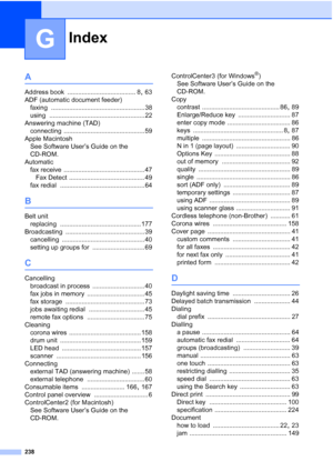 Page 250
Index
238
G
A
Address book ...................................... 8, 63
ADF (automatic document feeder) faxing
 .................................................... 38
using
 ..................................................... 22
Answering machine (TAD) connecting
 ............................................. 59
Apple Macintosh See Software User’s Guide on the 
CD-ROM.
Automatic fax receive
 ............................................. 47
Fax Detect
 .......................................... 49
fax...