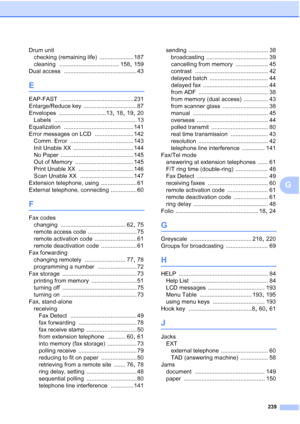 Page 251
239
G
Drum unitchecking (remaining life)
 ..................... 187
cleaning
 ..................................... 158, 159
Dual access
 ............................................. 43
E
EAP-FAST ............................................. 231
Enlarge/Reduce key
 ................................. 87
Envelopes
 .............................13, 18, 19, 20
Labels
 ................................................... 13
Equalization
 ........................................... 141
Error messages on LCD...