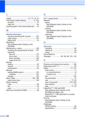 Page 252
240
L
Labels .................................. 12, 13, 18, 21
LCD (liquid crystal display)
 ............... 8, 193
contrast
 ................................................. 27
Help List
 ................................................ 83
Loading paper in the manual feed slot
 .....12
M
Machine information checking remaining life of parts
 ..........187
page counts
 ........................................ 187
status LED
 ............................................ 10
Macintosh See Software User’s...