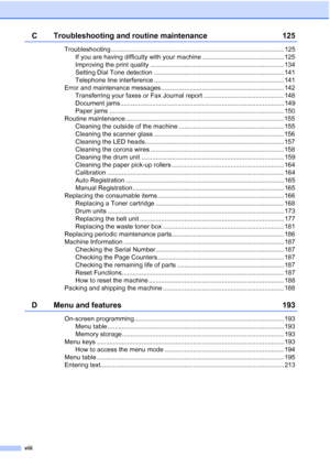 Page 10
viii
C Troubleshooting and routine maintenance 125
Troubleshooting ................................................................................................. 125If you are having difficulty with your machine .............................................. 125
Improving the print quality ........................................................................... 134
Setting Dial Tone detection ......................................................................... 141
Telephone line interference...